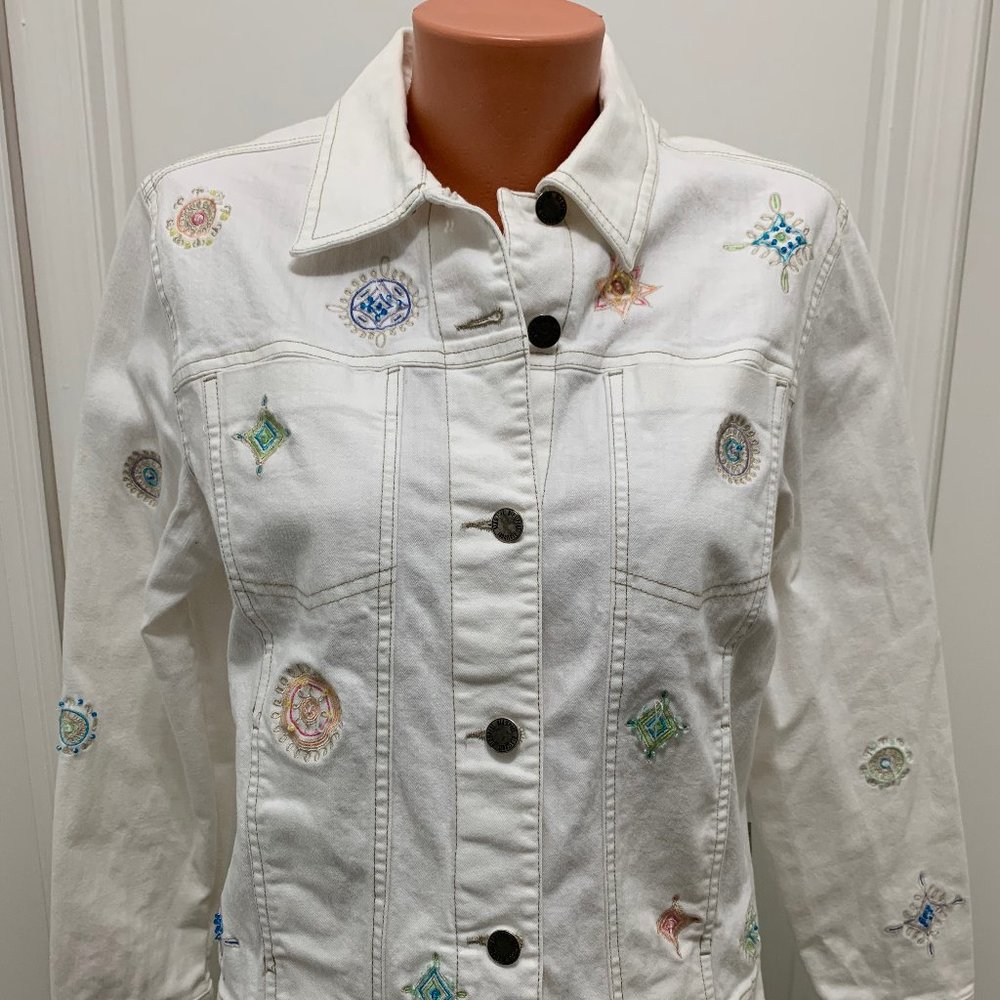 Vintage Blassport white button denim jacket embroidered beads medium